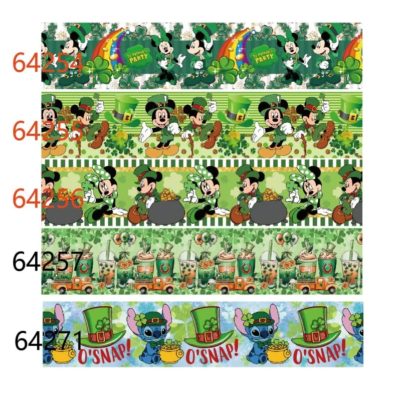 10Yards Disney St. Patrick‘s Day Mickey Mouse Stitch Grosgrain Ribbon for Hairbows Gift Box Packaging DIY Craft Materials