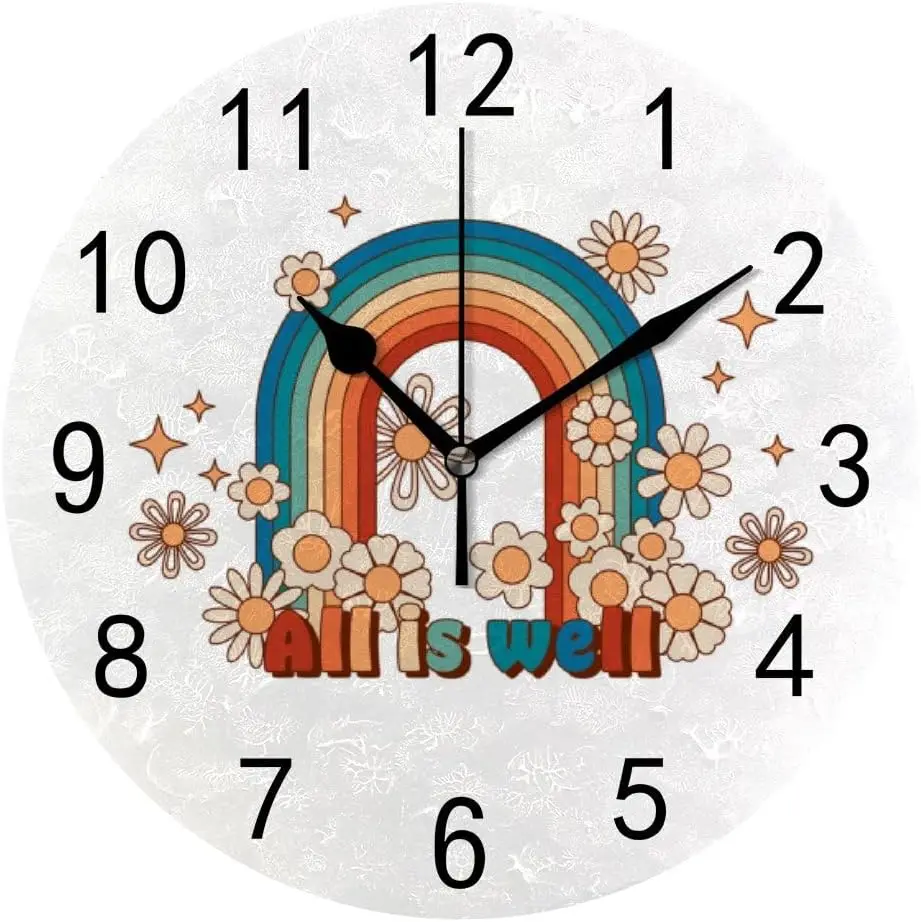 Wall Clock PVC Non Ticking Silent Cute Boho Rainbows Flower All is Well Round Battery Operated Home Decorative Kitchen Of