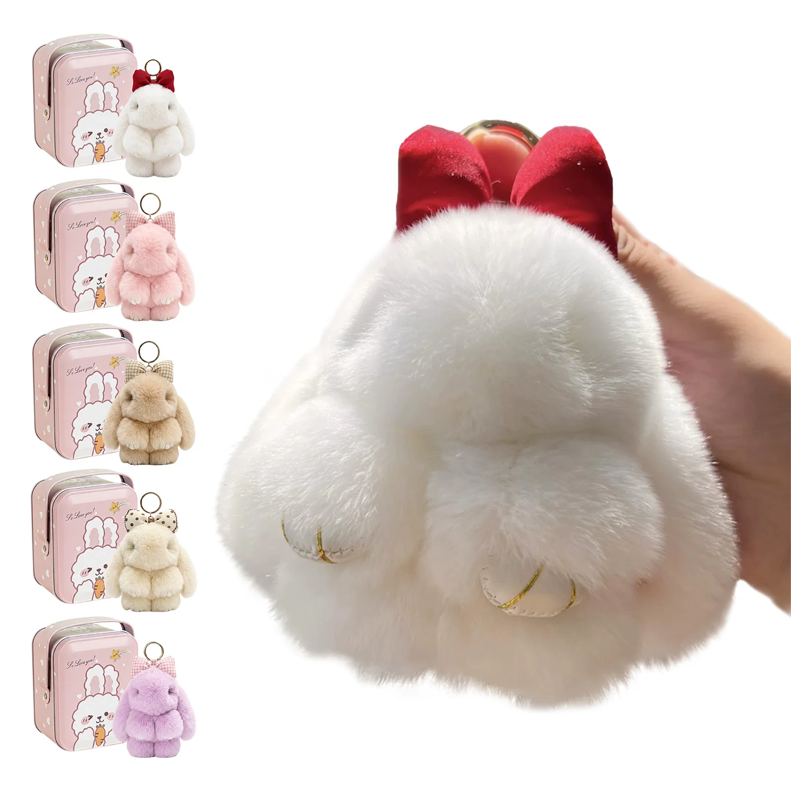 

Fluffy Rabbit Charm Handmade Soft Fuzzy Rabbit Keychain with Metal Buckle for Women Car Bags Backpacks Easter Gift