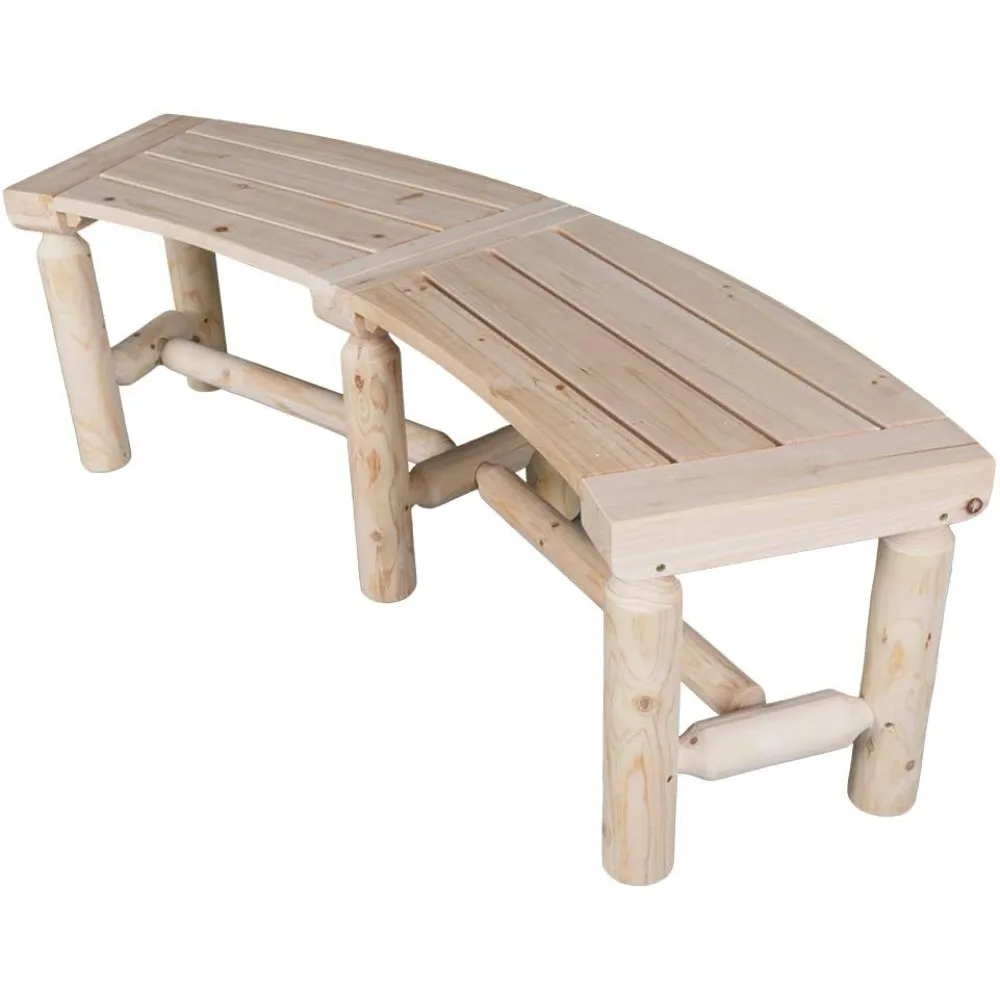 Banc de porche dos nu incurvé en bois pour l'extérieur, style rustique 93.c, terrasse et arrière-cour de jardin, 40-55W × 14D × 16.5H, finition naturelle