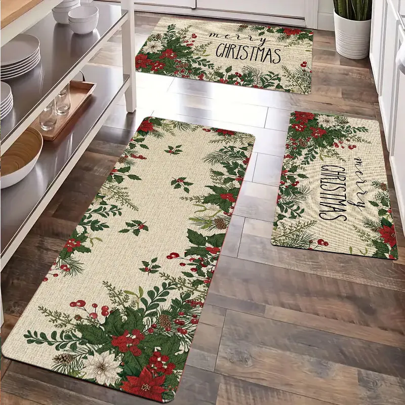 

1PC Christmas Kitchen Rug Washable Kitchen Decorations Plush Velvet Material Suitable for Bedroom Dining Room Etc.
