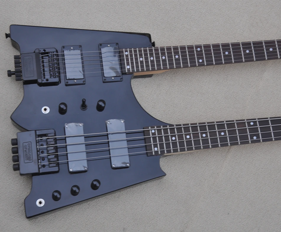 Headless Black Double Neck 6+4 String Electric Guitar and Bass with Rosewood Fingerboard,Offer Customize