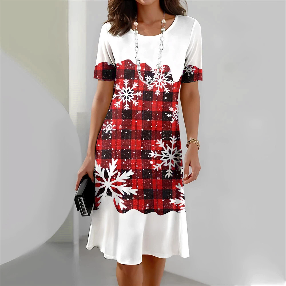 Street Plaid Snowflake Pattern Women Mini Dresses All Season Short Sleeve 3d Printed Christmas Style Ladies Dress 3XL Plus Size