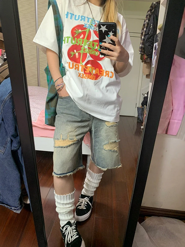 

American Style Ripped Denim Shorts Women Summer New plus Size Pear Shape Slimming Straight Leg Five-Quarter Pants