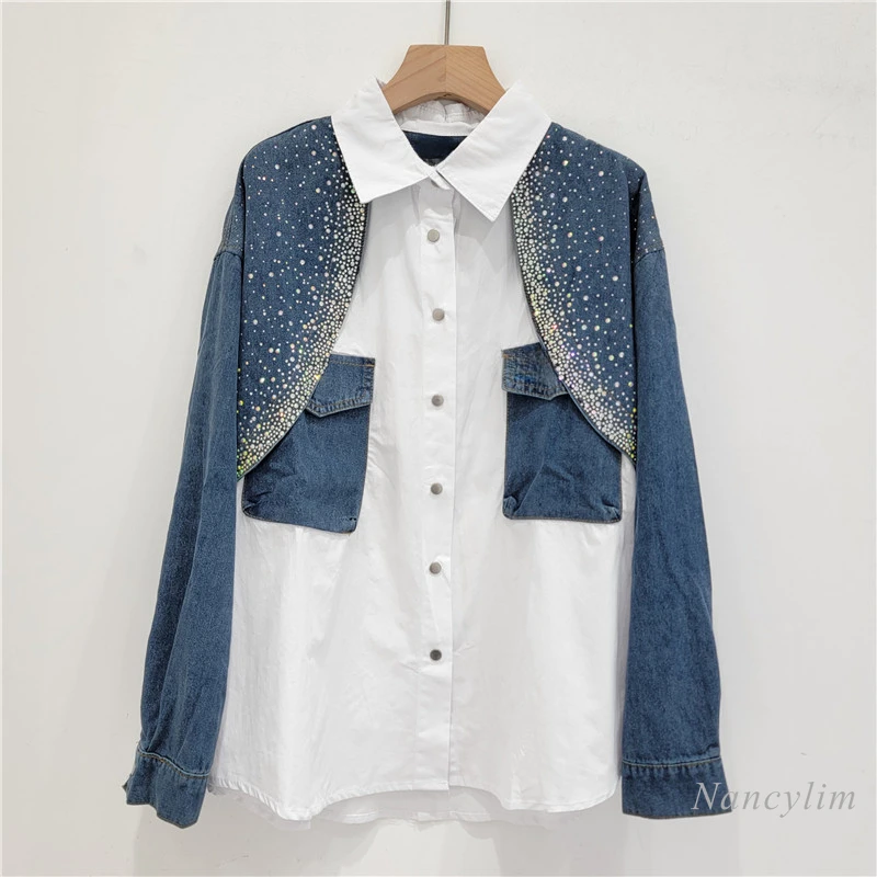 Denim Stitching Shirt for Women 2024 Spring and Autumn New Fashion Rhinestone Korean Style Loose Blouses Top Patchwork Blusas