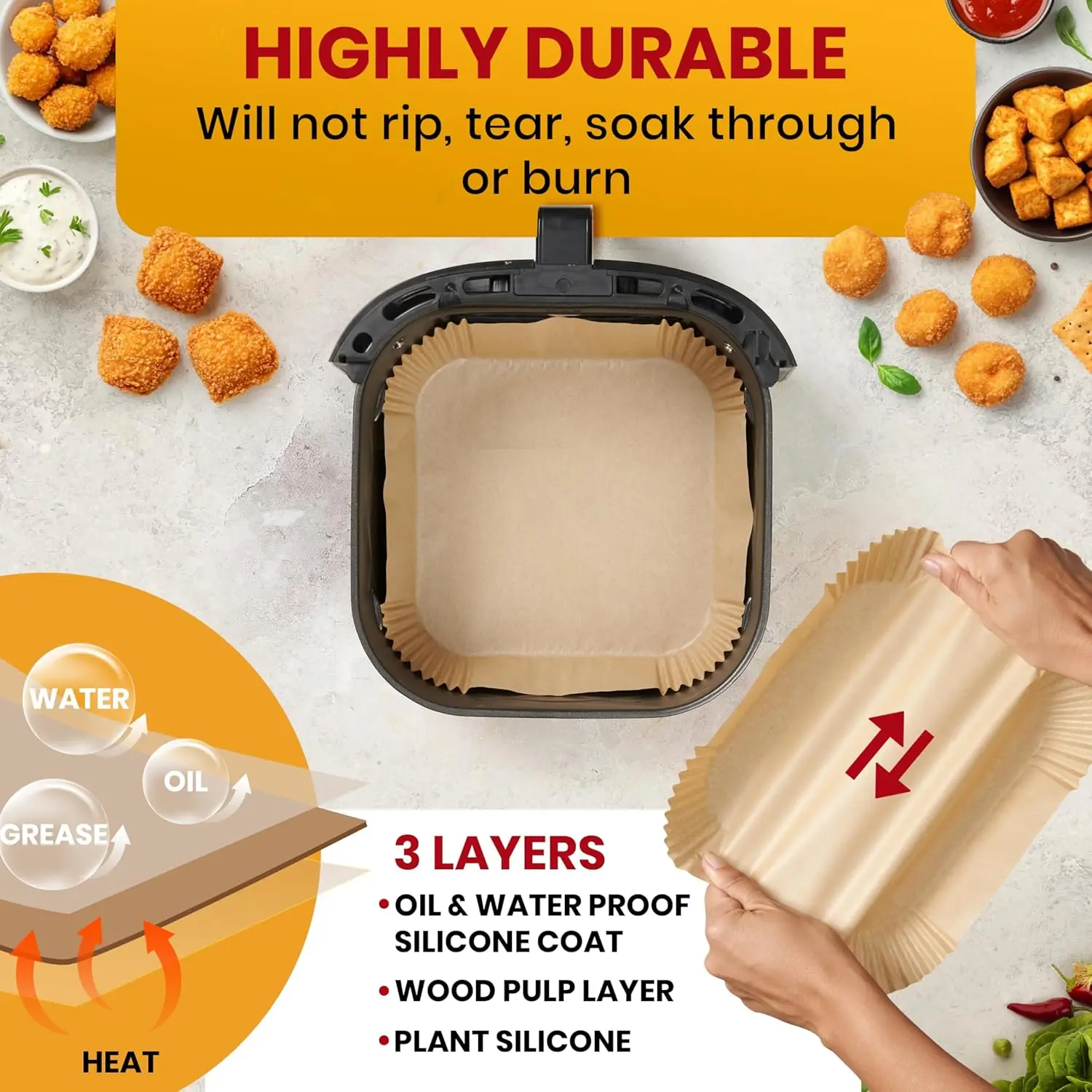 Air Fryer Disposable Paper Liners 50Pcs, 8 Inch Square Non-Stick Oil Proof Air Fryer Liners for 5-8 Qt Basket