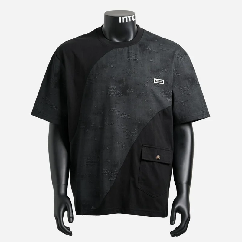 Men's Jacquard Patchwork Round Neck T-Shirt 2026 Unique Design American Style Loose Summer New Short Sleeve Casual