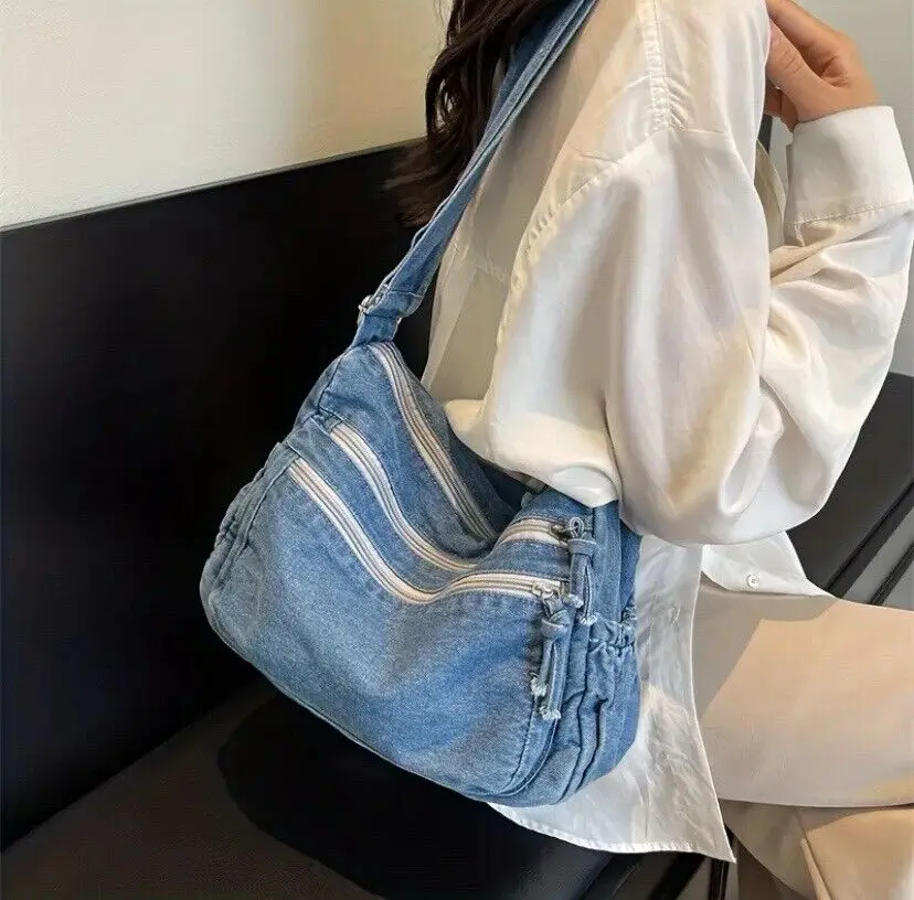

Denim Blue Ins Japanese Canvas Summer Large Capacity Simple Single Shoulder Crossbody Phone Bag for Women