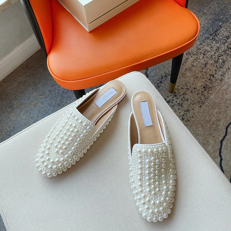 

Summer New Handmade Pearl Baotou Slippers with Genuine Leather Sweet One Step Outward Wearing Flat Bottom Slippers for Women