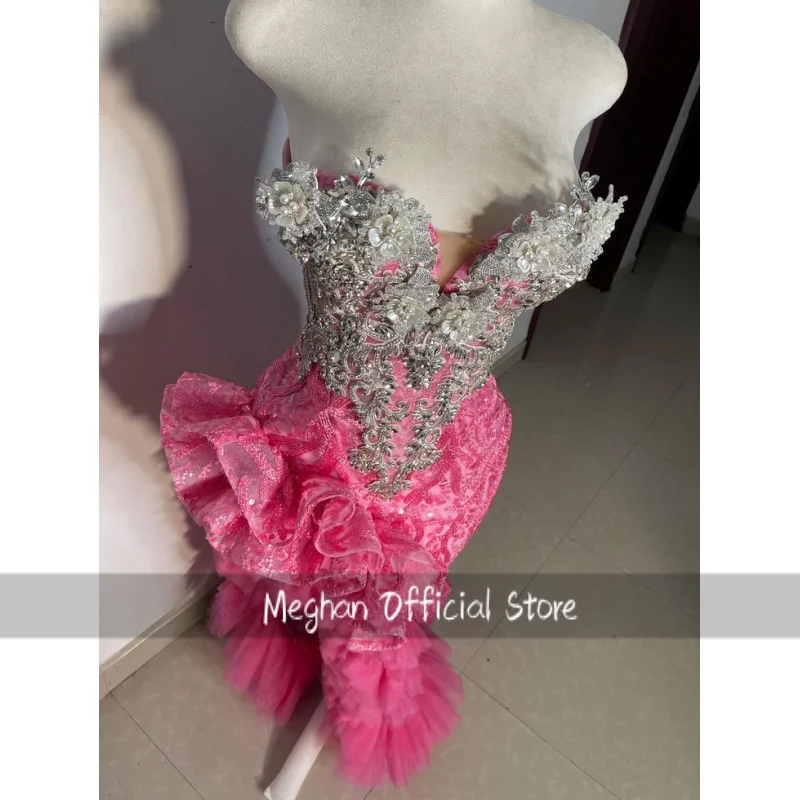 Custom Gorgeous Dreamy Pink Evening Gown Embroidered Strapless Beaded Prom Dress Engagement Dress School Prom Dress