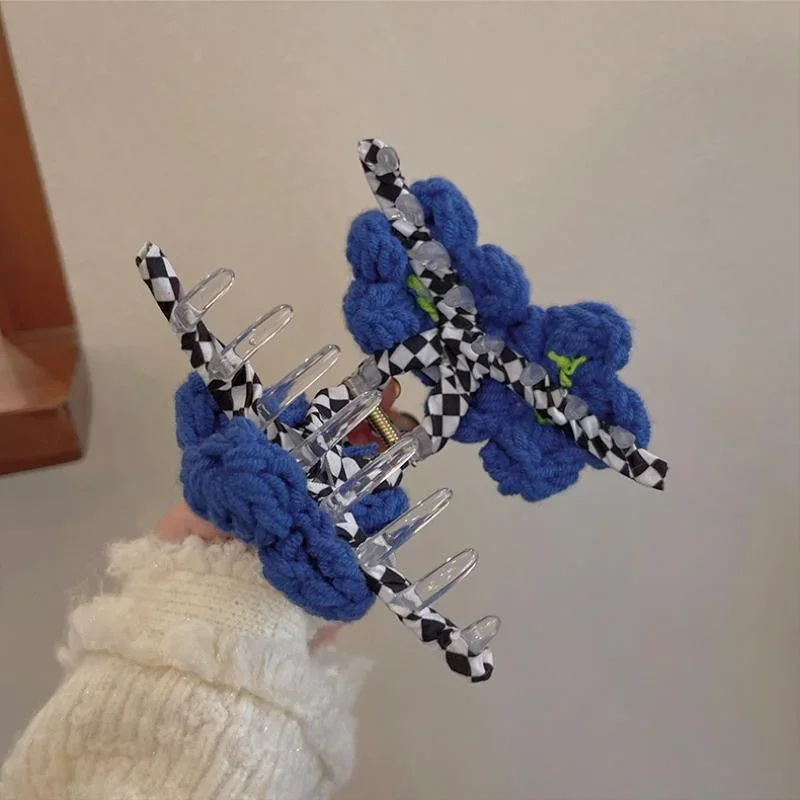 Fashion Premium Blue Green Handmade Woolen Flower Hair Clip Headwear Woman Elegant Large Ponytail Claw Sexy Luxury Accessories