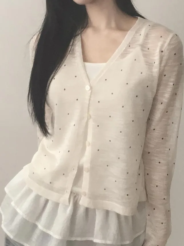 

Summer Thin Knitted Outerwear Women's Chic Top Age-Defng Polka Dot Sun Protection V-Ne Lightweight Knit Cardigan
