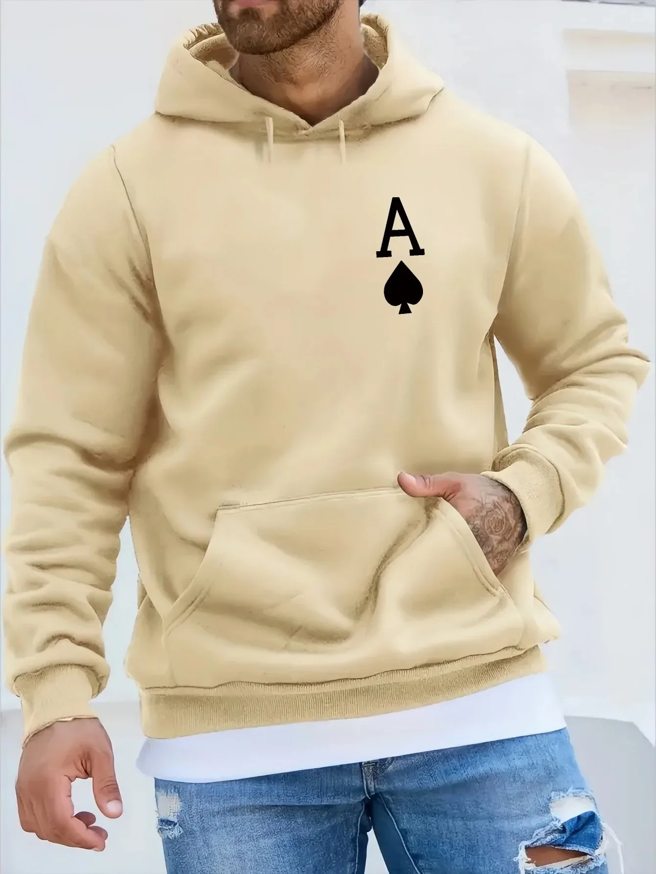 Cool Poker Spade A Graphic Casual Sweatshirt with Kangaroo Pocket, Autumn Winter Long Sleeve Hoodie Pullover for Men