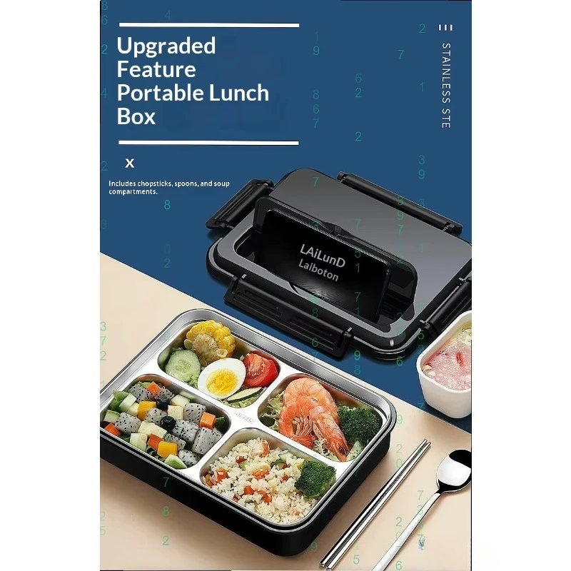 Lonchera Aislada de Acero Inoxidable 304, Juego de Bento con Divisores, Apta para Microondas, Portátil