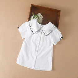 Girls Blouse Shirt High-quality Summer Short Sleeve Cotton Causal White Embroidered Tops For 5-12 Years Kids Clothes