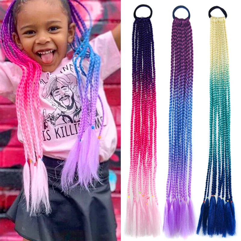 Synthetic Ponytail Rainbow Hairpiece Extensions False Overhead Tail With Rubber Elastic Band Colorful Box Braiding Kids Pigtail