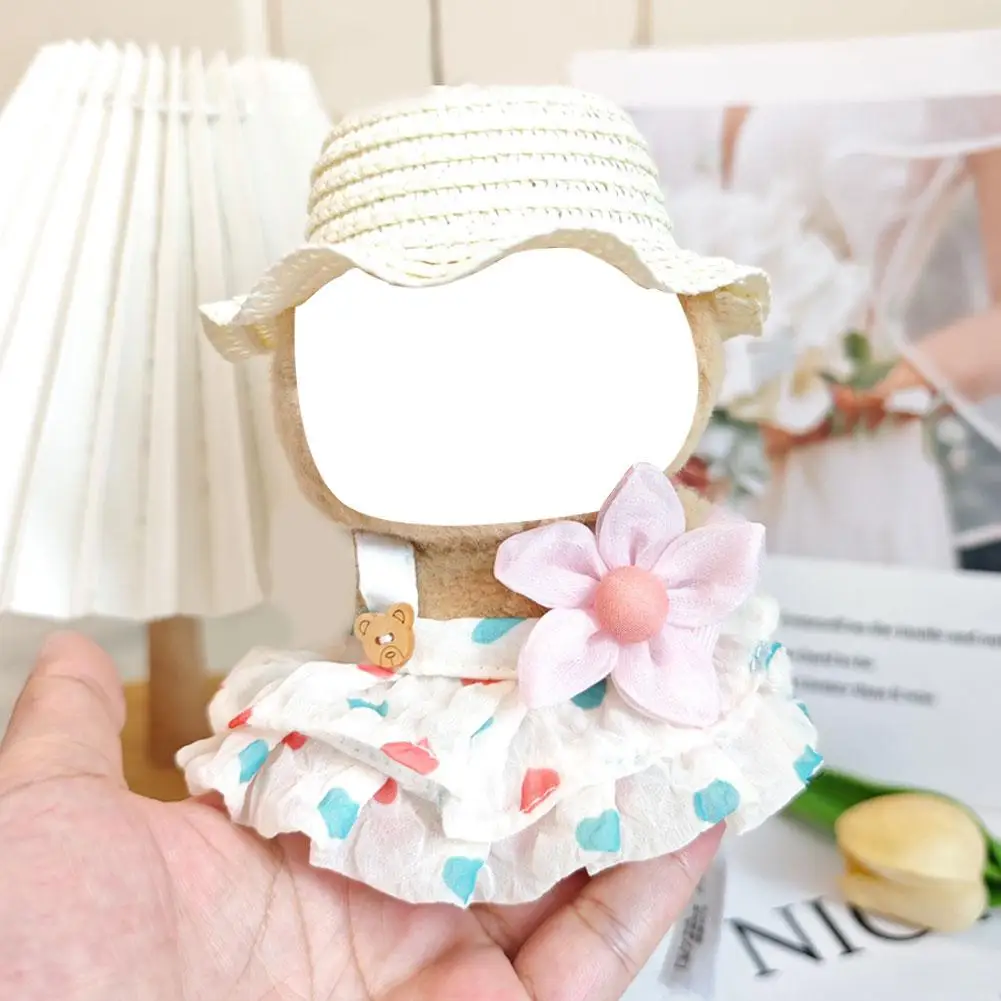 

17 см кукольная одежда для Labubu, летняя соломенная шляпа с цветами, платье с лямкой на шее, милая плюшевая игрушка, аксессуары для одежды для Gif O1Q3