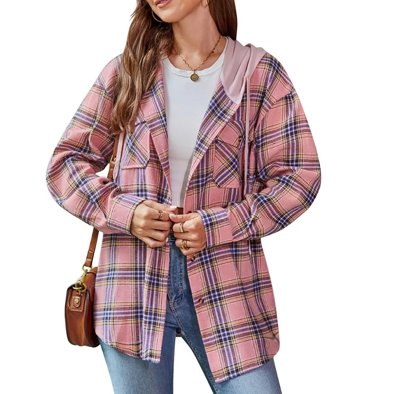 Autumn and Winter Women\'s Cardigan Hooded Collar Long Sleeve Plaid Button Pocket Lace Up Stripe Loose Fashion Casual Shirt Tops