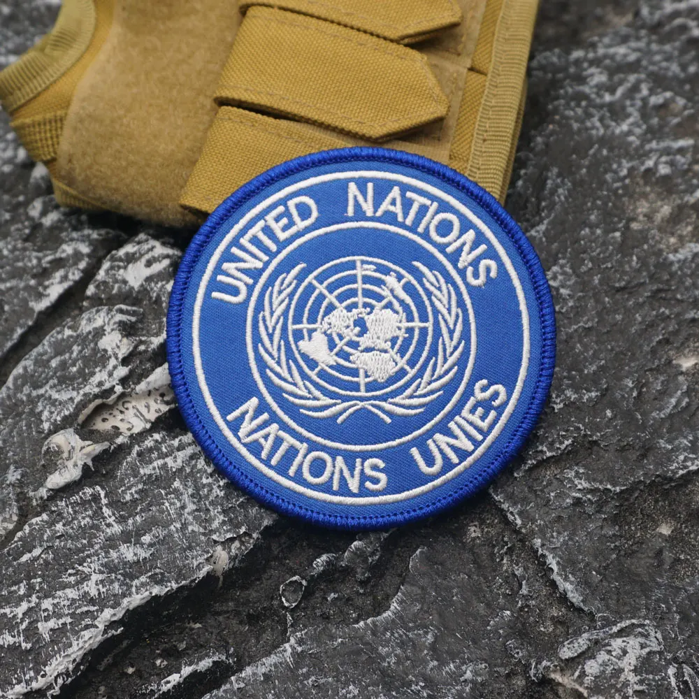 UNITED NATIONS NATIONS UNIES Embroidered Patch with merrow border, Sewable Applique for Clothing and Accessories