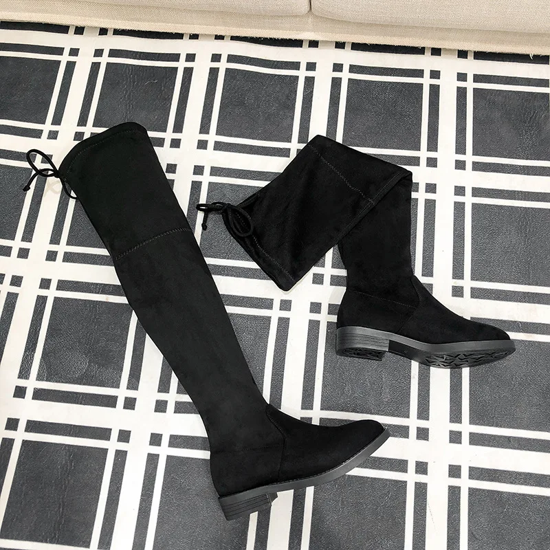 

2022 Winter Over The Knee Stretch Boots Women's Fashion Thick Heel Mid-heel Boots Plus Velvet Warm High Tube Flat Skinny Boots