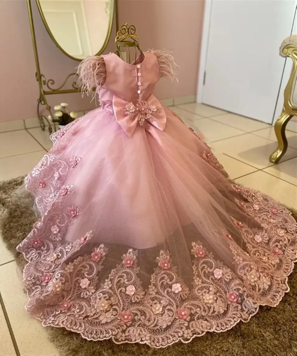 

Luxury Feather Flower Girl Wedding Dress Lace Bow Litter Kids Pageant Gown Birthday Party Photo Shoot First Communion Dress