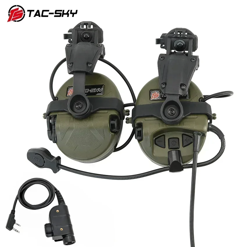 TAC-SKY ARC Helmet Mount Rail,Silicone Earmuffs,Tactical Hunting Pickup Noise Canceling Shooting Headset + 2-Pin Silynx U94 PTT