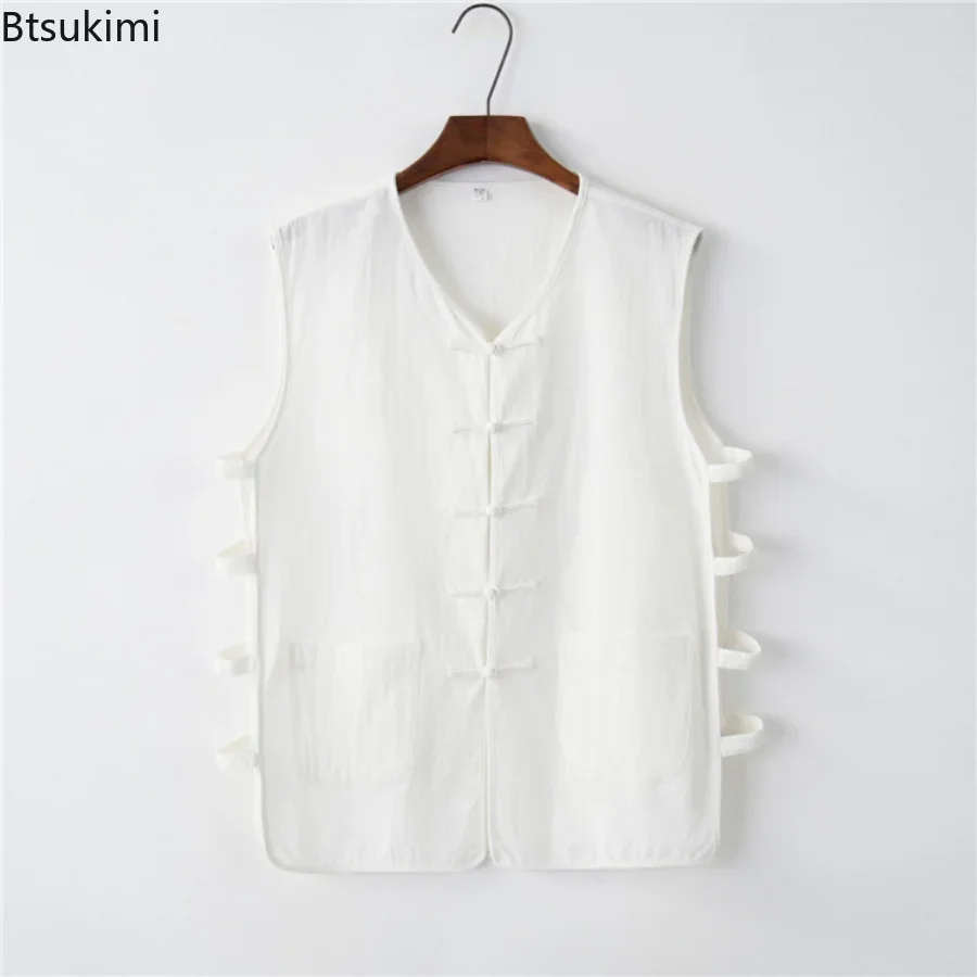 2024 Men\'s Casual Cotton Linen Vest Top Solid Retro Disc Buckle Sleeveless Trendy Vest for Men Oversized Summer Mandarin Jacket