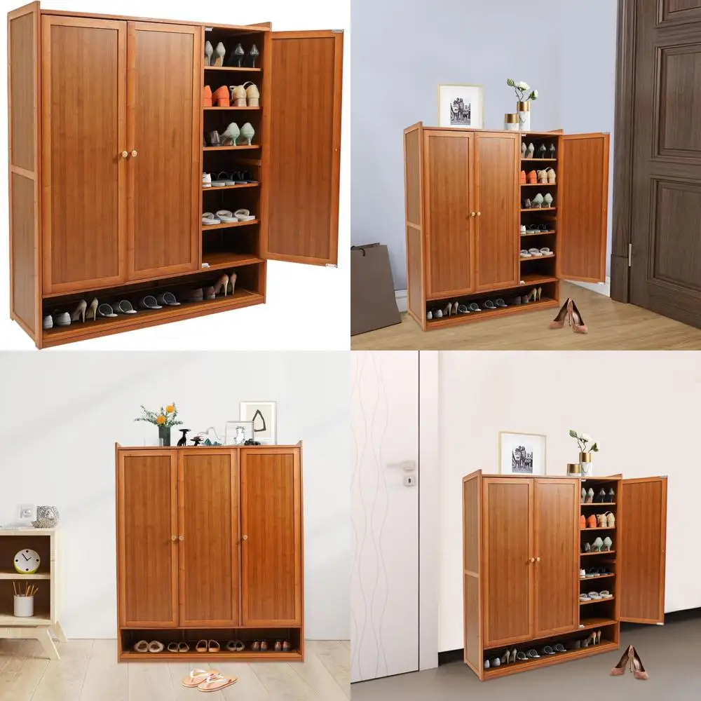 

8-Tier Bamboo Shoe Storage Cabinet with Shutter Doors - Freestanding Floor Organizer Rack for Shoes