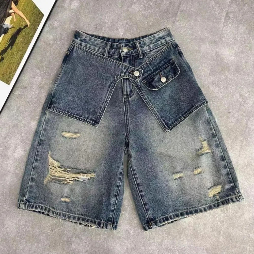 Large Size Denim Shorts Women's Summer 2026 New High Waist Knee Length Jeans Female Fashion Chic Ripped Hole Five-point Pants view 4