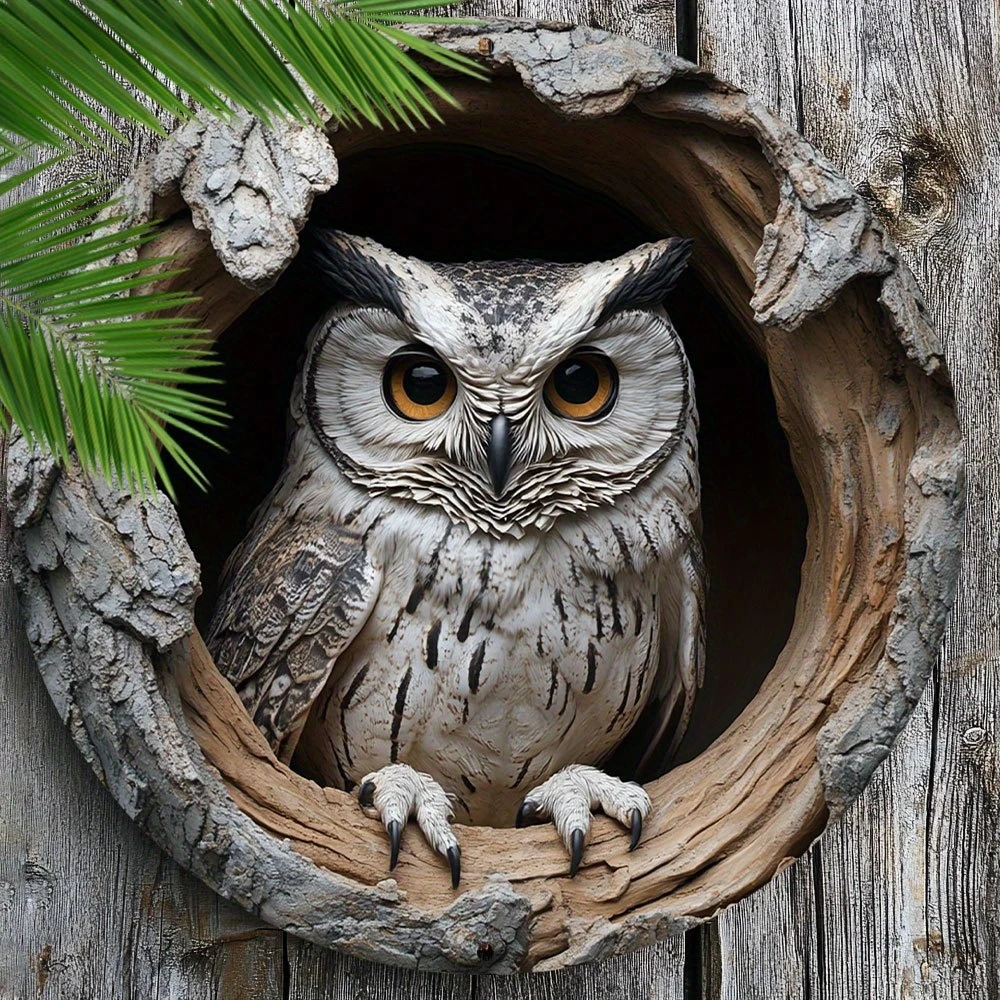 2D Flat Owl In Tree Hole Metal Wall Art, Round Vintage Wildlife Bird Decorative Tin Sign, Retro Nature Forest Animal Metal Plaqu