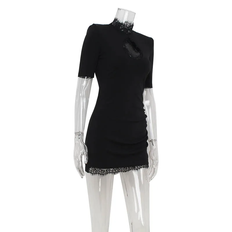 레이스 패치워크 할로우 아웃 바디콘 시스 하이 칼라 여성 드레스, 반팔 의상, 섹시한 클럽... - 5