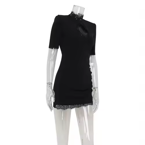 Lace Patchwork Hollow Out Bodycon Sheath High Collar Women Dresses Half Sleeves Outfits Sexy Club Fashion Female Mini Vestidos - Image 6