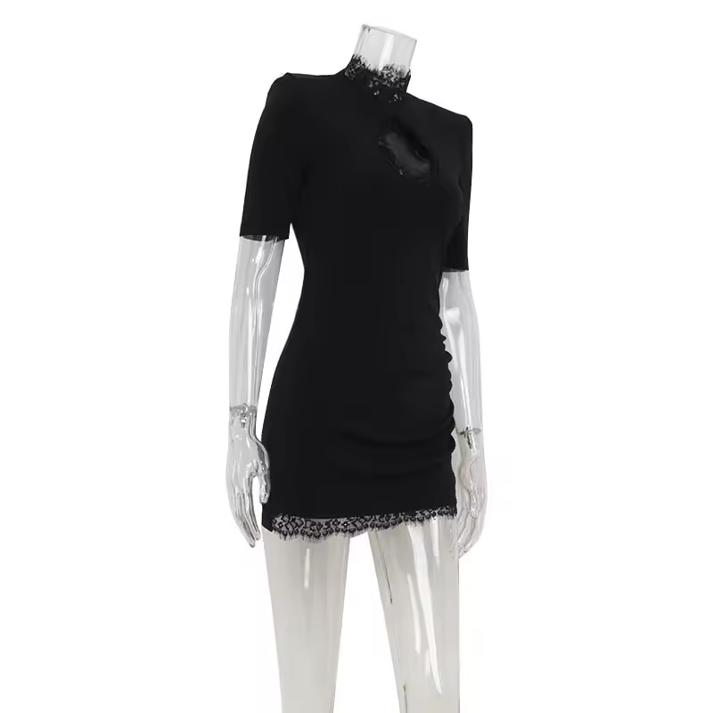 Lace Patchwork Hollow Out Bodycon Sheath High Collar Women Dresses Half Sleeves Outfits Sexy Club Fashion Female Mini Vestidos - Image 6