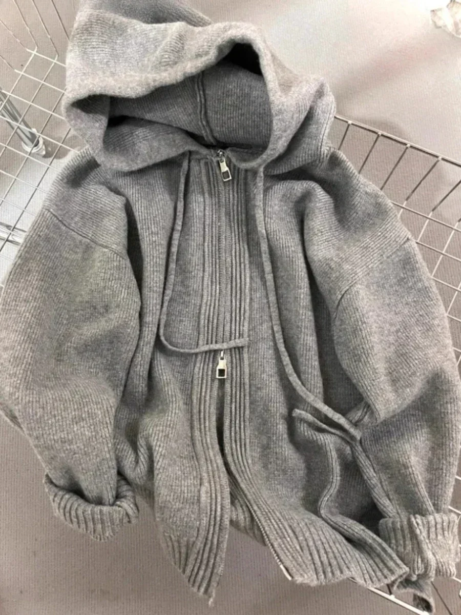 Gray Hooded Sweater Coat Women Spring Autumn Double Zipper Long Sleeve Loose Knitted Cardigans Simple All-matched Hoodies