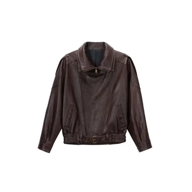 Moda e high-end resistente gola dupla jaqueta de couro para o outono feminino novo casaco solto da motocicleta