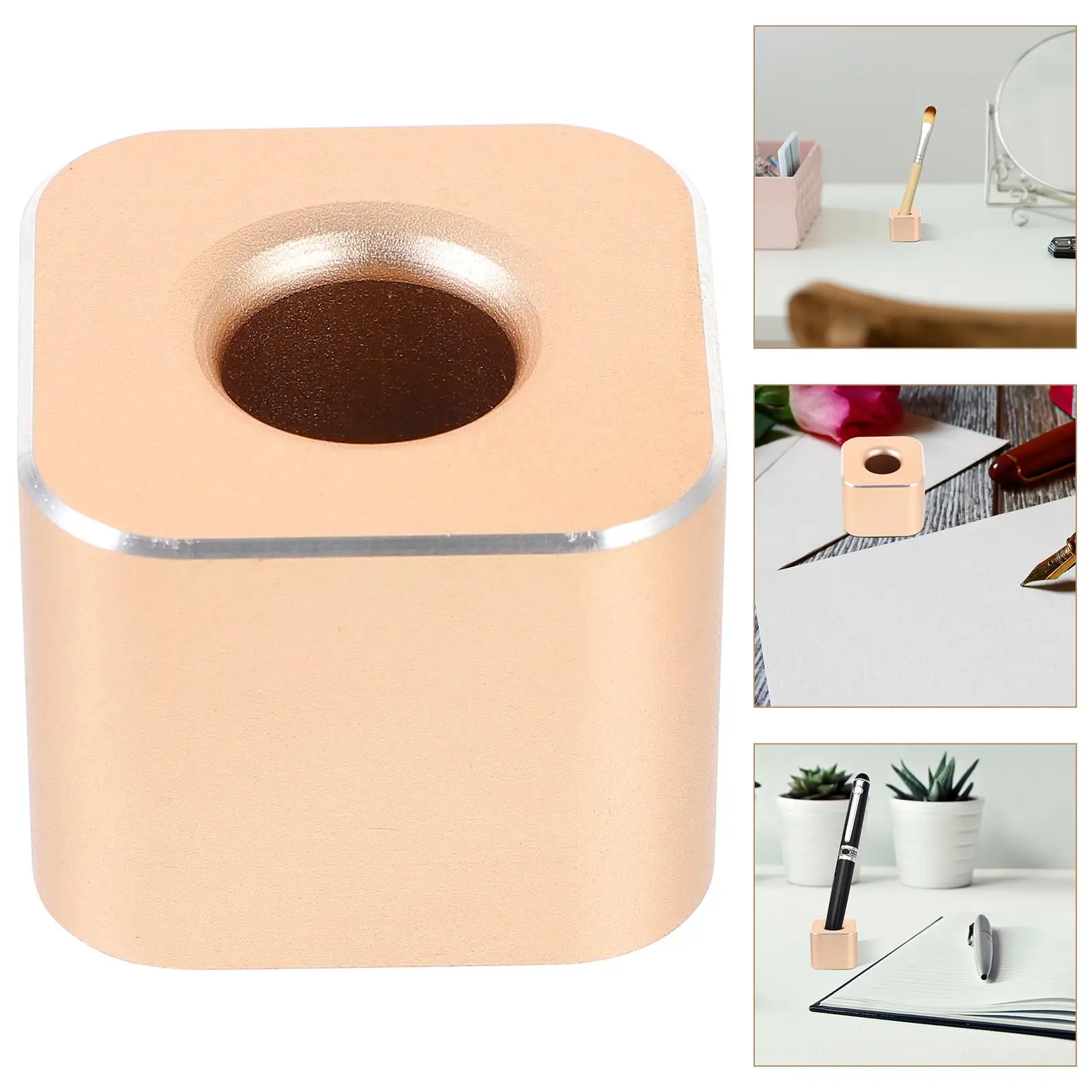 Metal Pen Holder Single Pen Stand Square Base Storage Rack for Desk Golden Color Fine Workmanship Practical Use