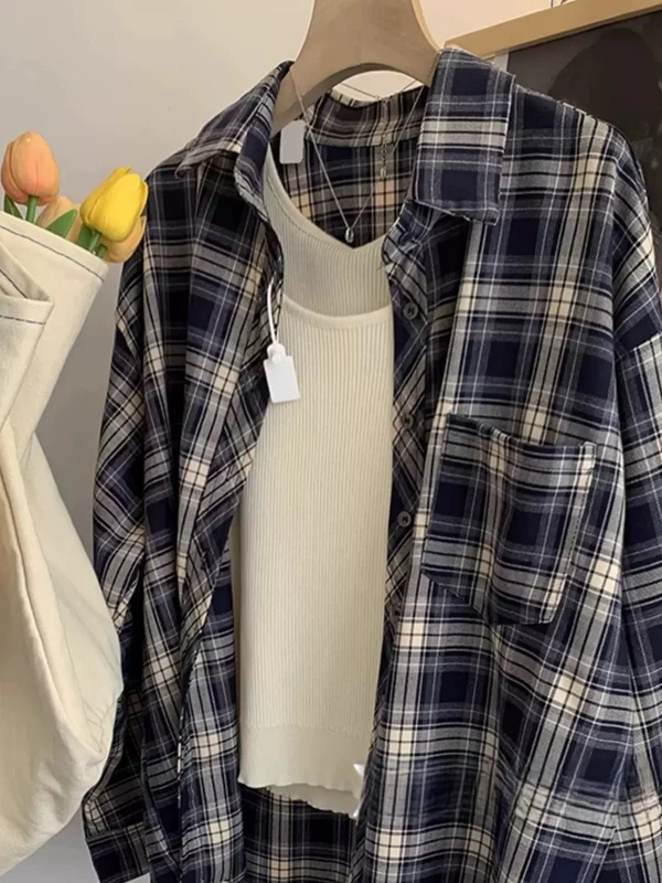 

Японский Sle, большие размеры, ранняя осень, клетчатый женский свободный утягивающий новый топ с кукольным воротником, дышащий длинный све, повседневный ирт