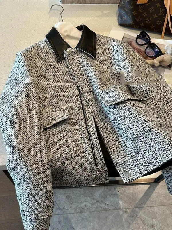 

plus Size 300 Pou Women's Autumn Winter PU Splicing Long Sve Knitted Thi Tweed Woolen Coat Korean Sle Casual Zipper