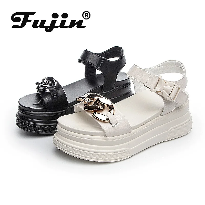 Fujin Genuine Leather 7cm Platform Sandals Wedge Shoes Summer for Women Open Toe Sandals Beach Shoes Summer Women Fashion Slide