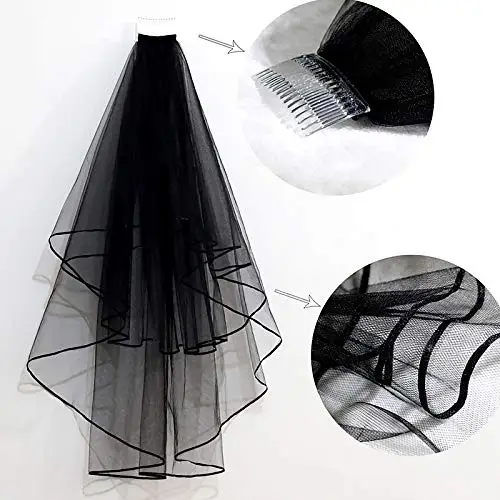 Black Bridal  Comb Two Layers Short Ribbon Edge Wedding Shoulder Veil Soft Tulle Women Costume Accessories 2023