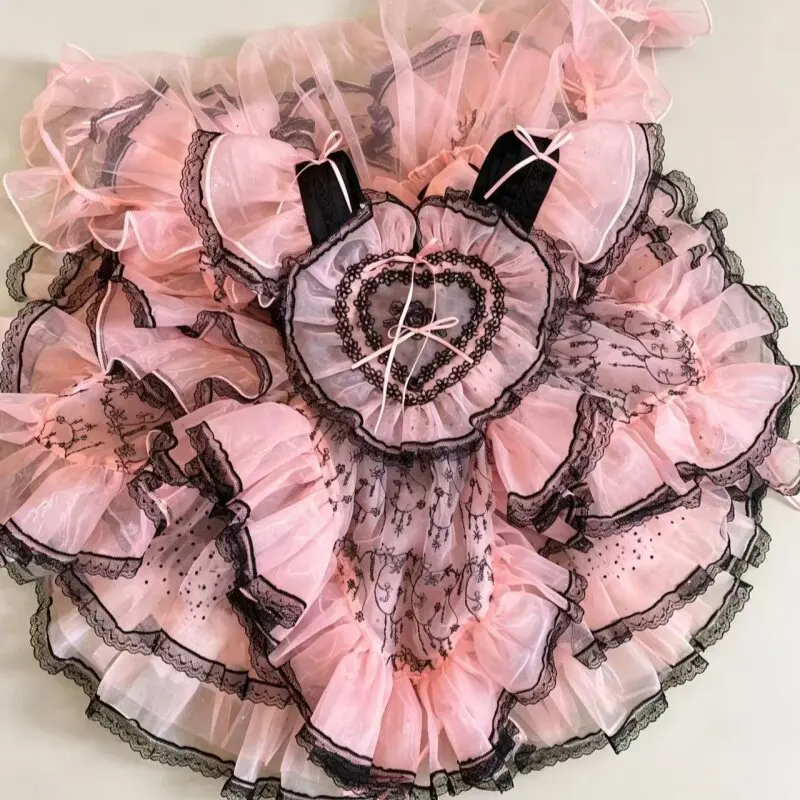Mädchen Rosa-Schwarzes Herz-Spitzen-Lolita-Kleid, Kinder-Rüschenrock, ärmelloses süßes Prinzessinnenkleid für Geburtstagsfeiern und Fotoshootings – Detail 5