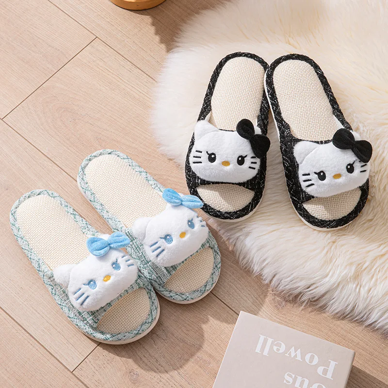 

Cute Hello Kitty Linen Slippers Female Cartoon Cat Simple Home Breathable Sweat Absorbing Non Slip Floor Slippers Four Seasons