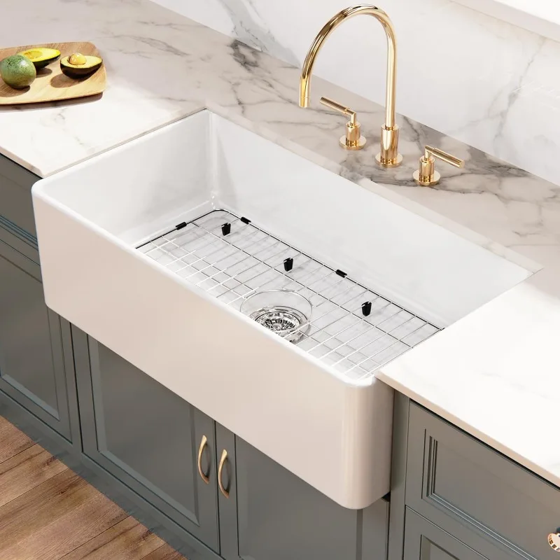 

Sinks Fireclay Apron Front Single Bowl Deep Inset Kitchen Sink Undermount Farm Sink with Bottom Grate and Strainer