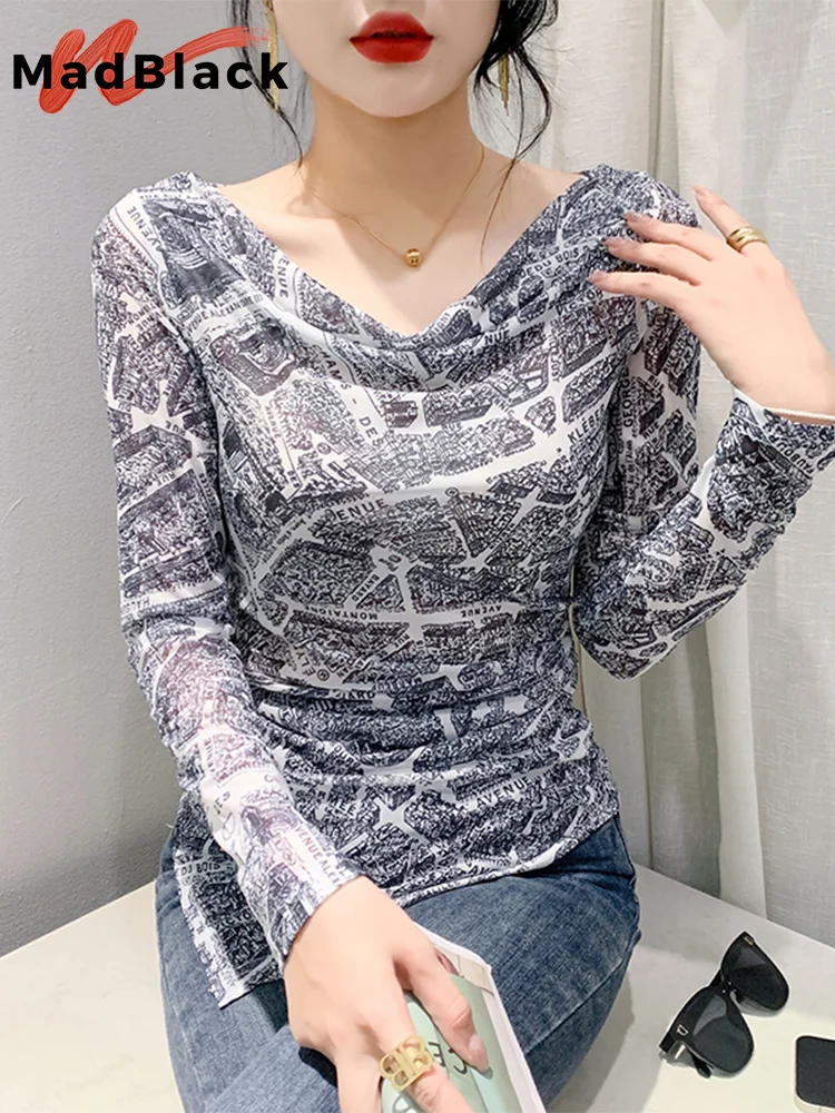 

MadBlack European Clothes Tshirts Women Sexy V Necks Print Slim Pullover Top Long Sleeve Tees Autumn Spring 2023 New T39785JM