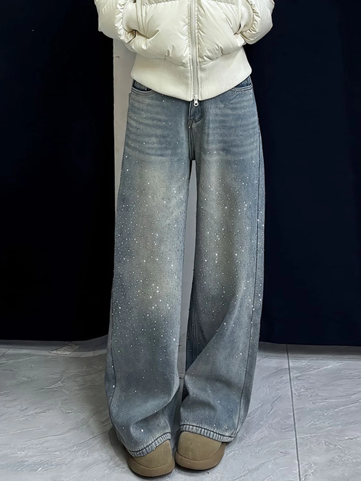 

Ele Heavy Du Rhinestone Wide Leg Jeans Women's Loose Slimming Fce Floor Length Pants High Waist Straight Cut