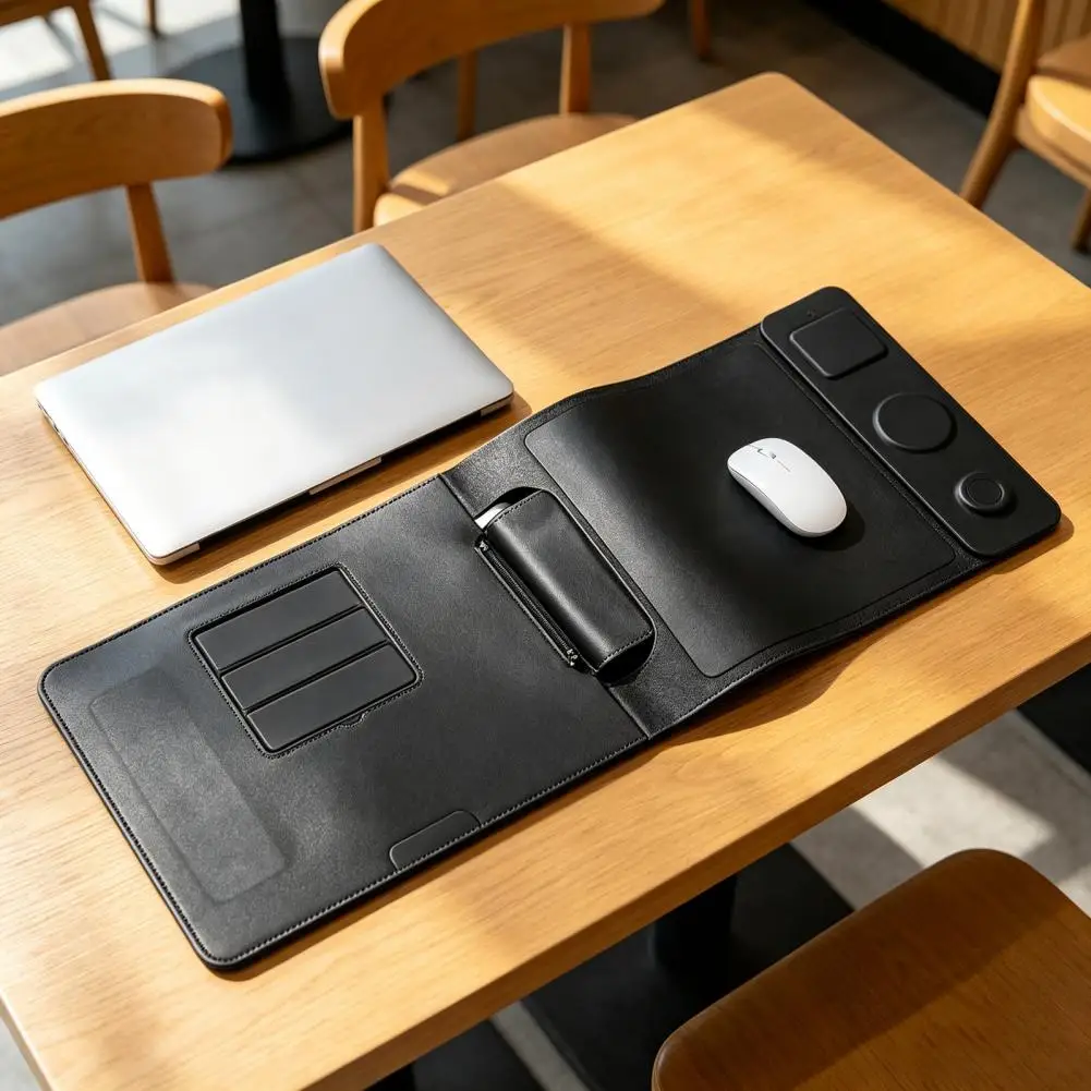 Laptop Sleeve with Charger Wireless Charging Laptop Bag 3-in-1 Magnetic Charging Organizer Portable Faux Leather Workstation