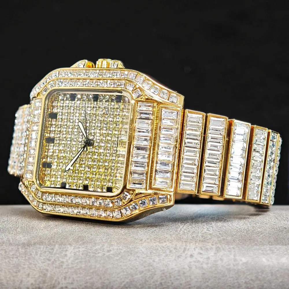 

New High Quality Square Diamond Men Watch Luxury Fashion Hip Hop Style Bling Bling Iced Out Waterproof Stainless Steel Man Clock