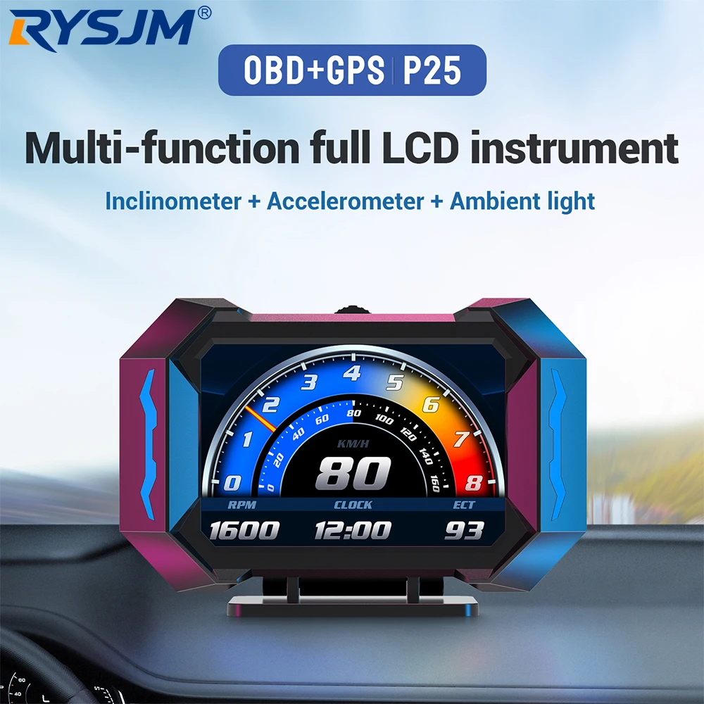 P25 Car OBD2 GPS HUD Head Up Display Speedometer Inclinometer Water Temp Fuel Consumption Voltmeter On-board LCD Instrument