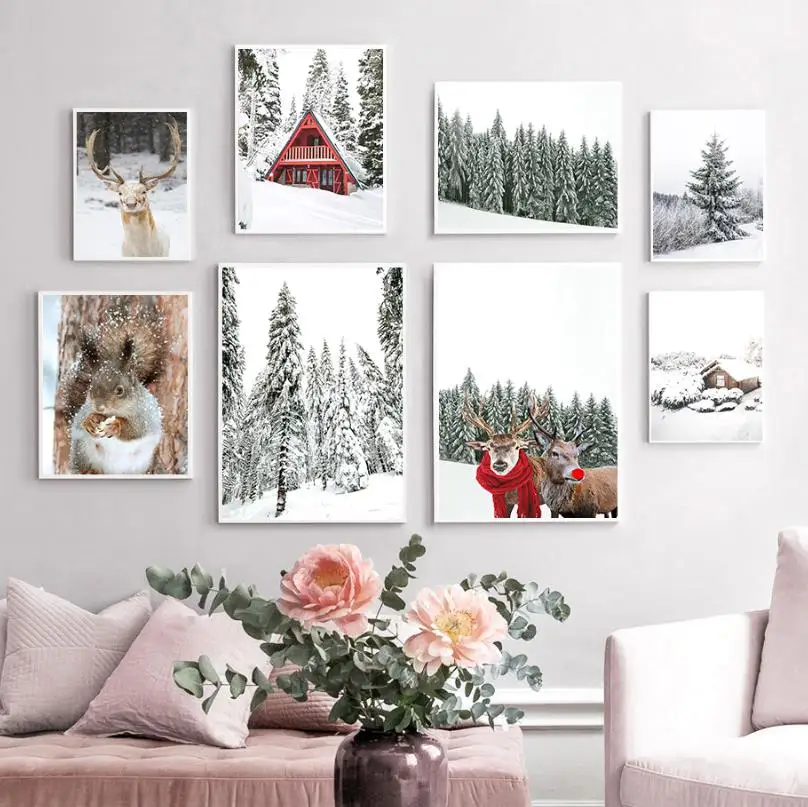مطبوعات ملصقات الغابات الشتوية أرض العجائب ، لوحة قماشية لأيل الرنة والصنوبر الراتينجية ، فن جداري للمناظر الطبيعية ، ديكور صور عيد الميلاد