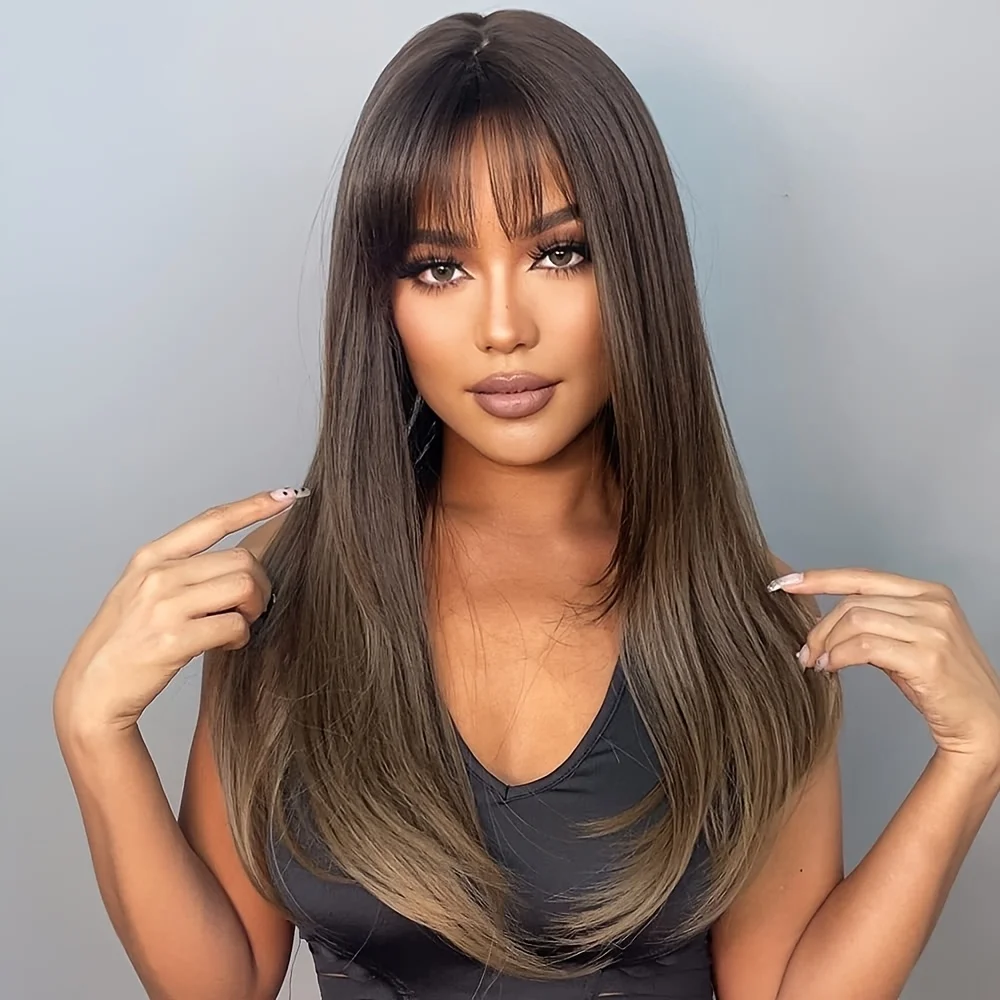 Ladies gradual change blonde wig (dark hair root) - long straight layered bangs hairstyle | Heat-resistant synthetic fiber mater